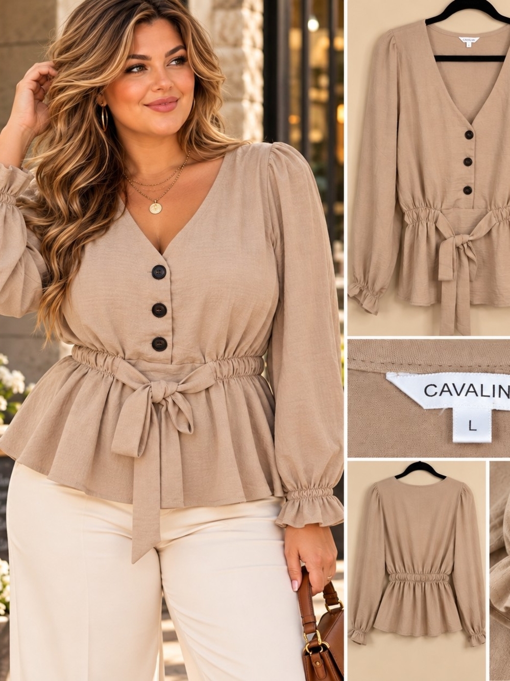 Beige Tie Waist Blouse Large Quiet Luxury Romantic French Girl Puff Sleeve